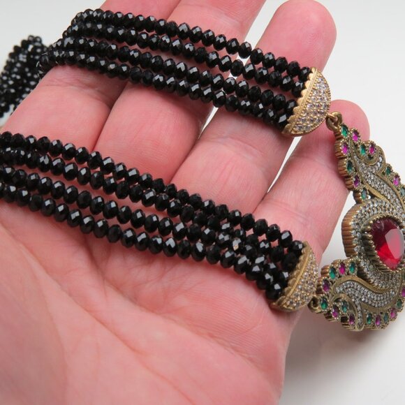 Faceted Black-Green -Red Onyx Necklace Hand made 36" long - Picture 7 of 11